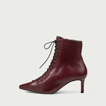 Botine burgundy cu șiret și toc subțire Danica din piele naturală