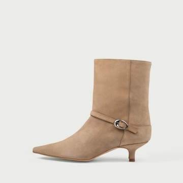 Botine cu toc mic bej Amal din piele întoarsă naturală