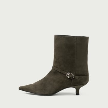 Botine cu toc mic khaki Amal din piele întoarsă naturală