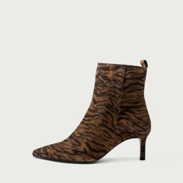 Botine cu toc subțire și imprimeu zebră Alicia din piele întoarsǎ naturală