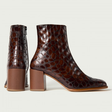 Botine damă Koko din piele naturală croco maro cu toc gros