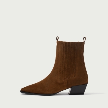 Cizme scurte cu toc gros și elastic lateral Noel din piele întoarsă naturală camel