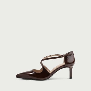 Pantofi cu toc subțire maro coniac Lilia din piele naturală lac