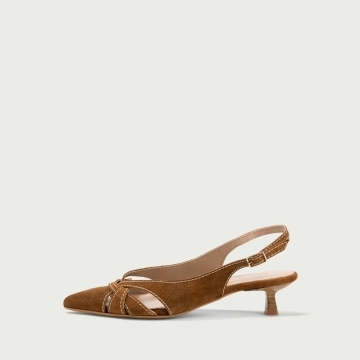 Pantofi decupați cu toc subțire camel Daphne din piele întoarsă naturală