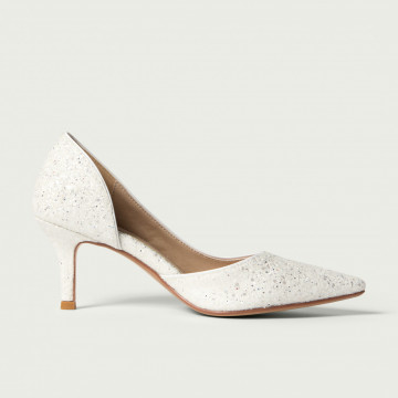 Pantofi Isabela albi de mireasă cu toc mediu și glitter