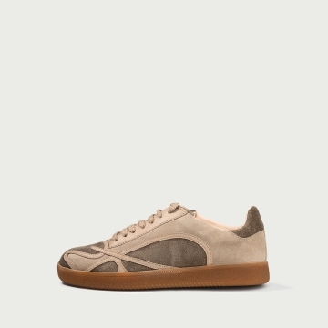 Pantofi sport café cu detalii grej Alma 001 din piele naturală întoarsă
