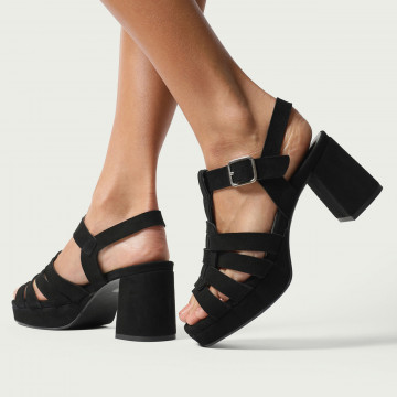 Sandale cu toc gros și platformă negre Brigitte din piele întoarsă naturală