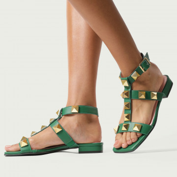 Sandale joase Ariella din piele naturală verde cu barete bătute în ținte aurii
