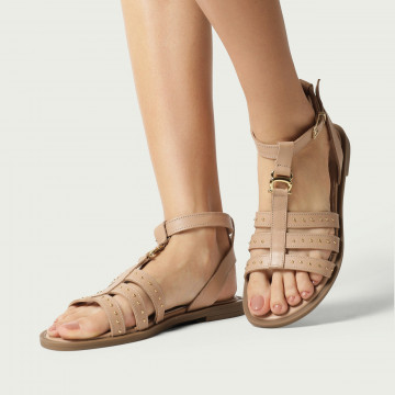 Sandale joase nude Rhea din piele naturală cu multibarete și micro ținte