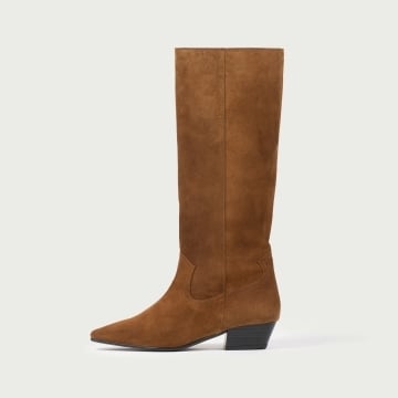 Cizme lungi cu toc gros camel Cassandra din piele întoarsă naturală