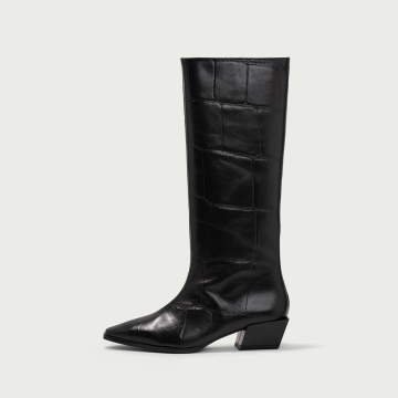 Cizme lungi negre cu toc gros Nadina din piele naturală cu print croco