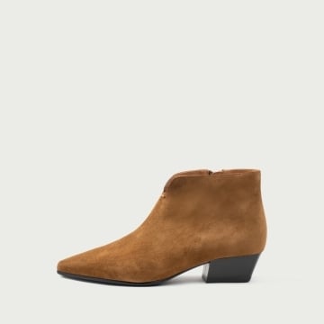 Cizme scurte camel cu toc gros Rania din piele întoarsă naturală