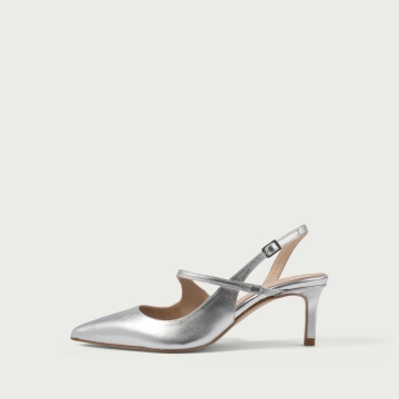 Pantofi cu toc subțire decupați argintii Indira din piele naturală