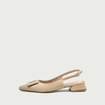 Pantofi decupați cu toc mic gros bej Lina din piele naturalǎ