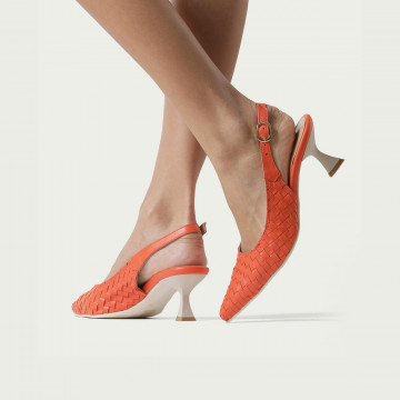 Pantofi decupați cu toc subțire portocalii Frances din piele naturală împletită