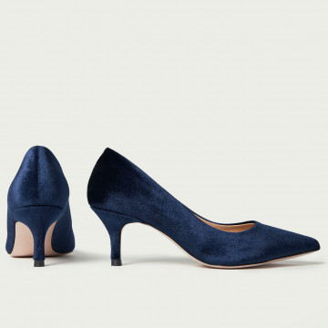 Pantofi Julie albastru închis din material textil catifelat cu toc mic