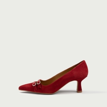 Pantofi roșii cu toc subțire și barete duble Katia din piele întoarsă naturală