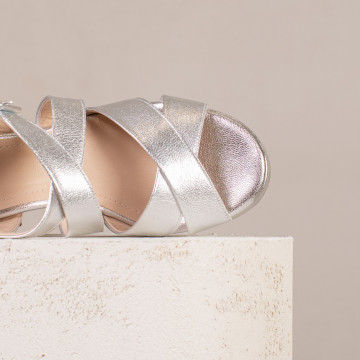 Sandale argintii cu toc gros și platformă Adele din piele naturală