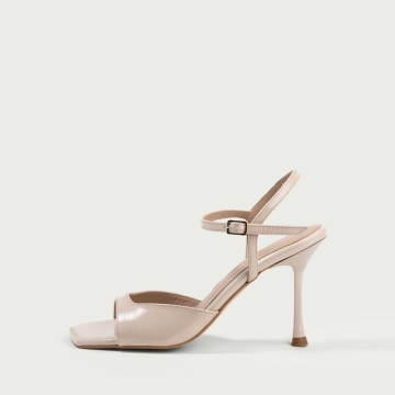 Sandale cu toc subțire crem Yza din piele naturală lucioasă