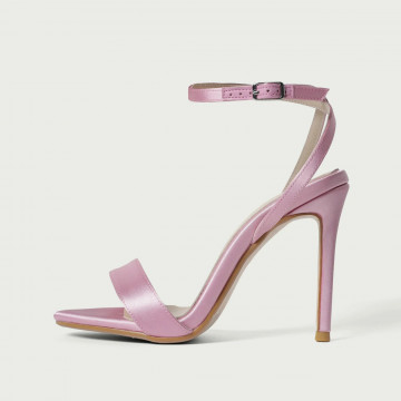 Sandale elegante cu toc înalt subțire Sophie roz din satin