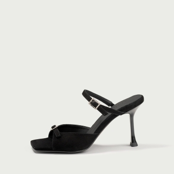 Sandale elegante cu toc subțire negre Valentina din piele întoarsă naturalǎ
