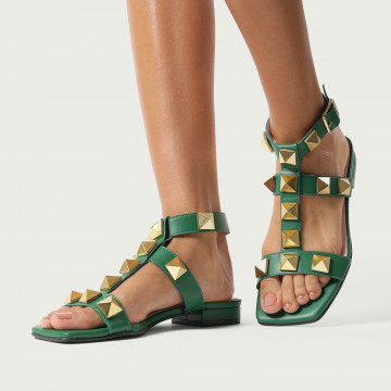 Sandale joase Ariella din piele naturală verde cu barete bătute în ținte aurii