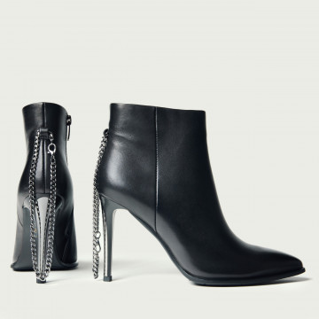 Botine damă cu toc subțire negre din piele naturală