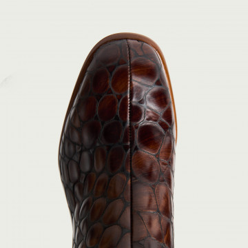 Botine damă Koko din piele naturală croco maro cu toc gros