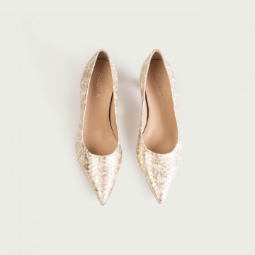 Pantofi cu toc subțire aurii Antonia din piele naturală cu print