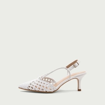 Pantofi decupați albi cu toc subțire Cecille din piele naturală împletită