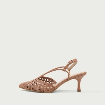 Pantofi decupați nude cu toc subțire Cecille din piele naturală împletită