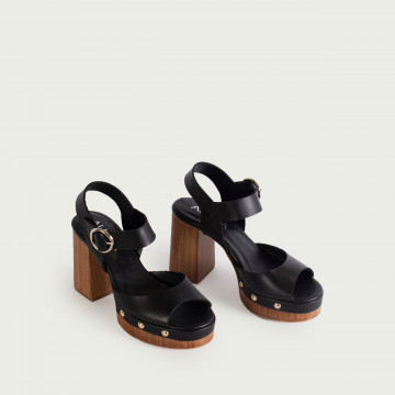 Sandale cu toc gros și platformă negre Timeea din piele naturală