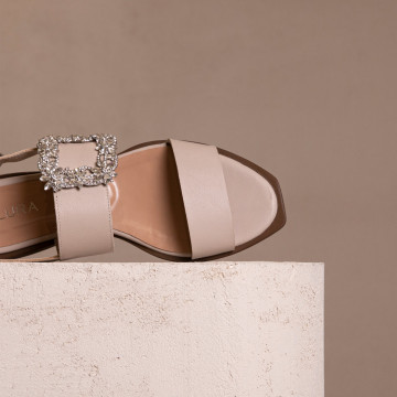 Sandale damă fără toc elegante gri Claire din piele naturală cu accesoriu din cristale