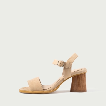 Sandale nude cu toc gros Franchesca din piele întoarsă naturală