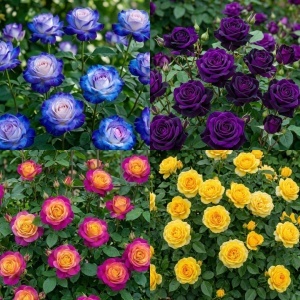 Pachet Promo 4 Trandafiri Floribunda Parfumați – Starry Night, Dark Velvet, Sunlit Violet, Golden Sunshine – Rădăcină Ambalată, Anul 2