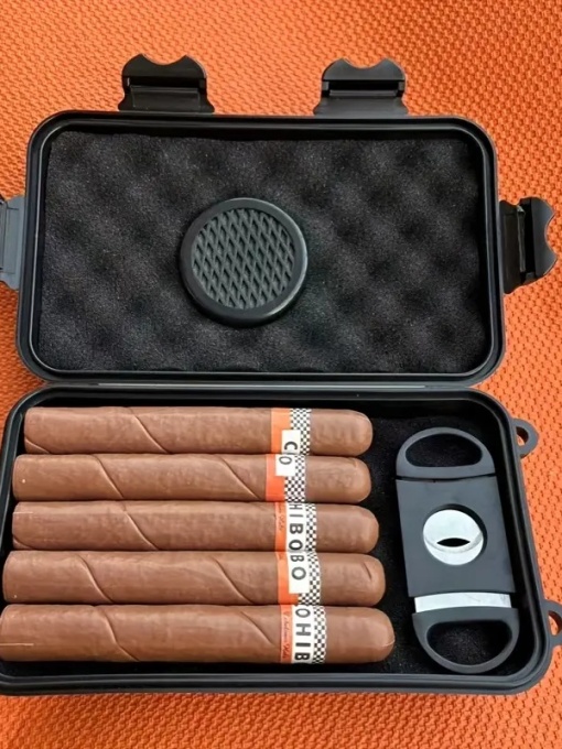 Humidor portabil pentru 5 trabucuri cu cutter și umidificator – rezistent la apă și presiune