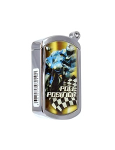 Brichetă metalică Race Champ piezoelectrică, cu cod EAN pe lateral, argintiu lucios cu desen pe ambele fete, agatatoare pentru chei,  incarcare cu gaz butan