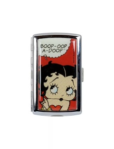 Tabacheră metalică Betty Boop Champ, varianta cu chipul vedetei pe capac, restul tabacherei este din material lucios pe fond alb