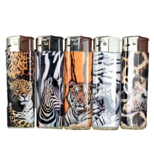 Set 5 brichete plastic reincarcabile aprindere piezoelectrica cu modele animale salbatice (tigru, zebra, leopard)