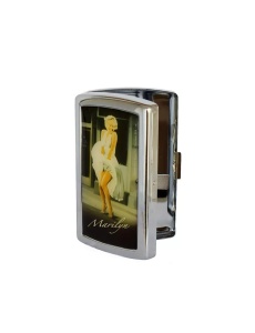 Set cadou Champ Marilyn Monroe, tabachera din set, usor intredeschisa, cu imaginea vedetei pe una din fete, marginile si interiorul argintiu lucios