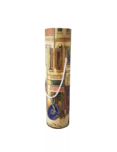 Cutie cadou cilindrică din carton dur, capacul este inchis, desen vintage, snur decorativ