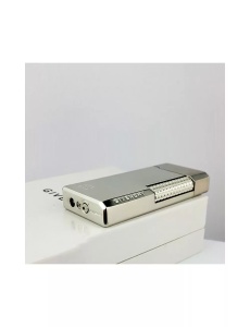 Brichetă metalică de lux Givenchy 3011 argintie, culcata pe cutia cadou, vedere a rotitei de aprindere si a supapei de incarcare