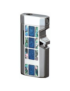 Brichetă metalică de lux Sarome BM5-03 argintie cu inserții de lac albastru sidefat (Blue Cloisonné), pe fundal complet alb, aprindere electronica, turbo jet