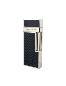 Brichetă metalică de lux Givenchy cu model geometric, vedere frontala, aprindere cu piatra, culoare gri cu negru laterale argintii