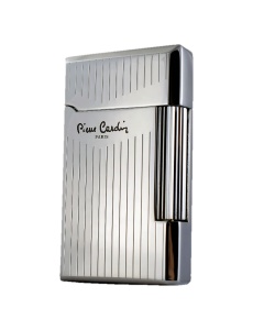 Brichetă metalică de lux Pierre Cardin 28-07, vedere din profil partial, culoare argintie, brand inscriptionat frontal, aprindere cu piatra
