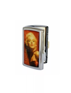Tabachera metalica Marilyn Monroe, imagine frontala cu tabachera intredeschisa si imaginea Marilyn Monroe