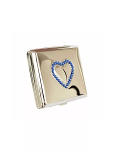 Tabacheră metalică Jean Claude,metalica, culoare nichel lucios cu strasuri bleu sub forma de inima, 