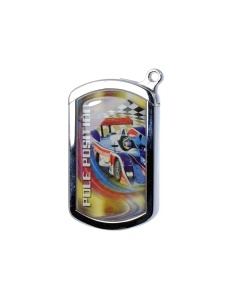 Brichetă metalică Race Champ piezoelectrică, cu agatatoare pentru portchei, culori argintiu lucios cu desen auto racing pe ambele parti