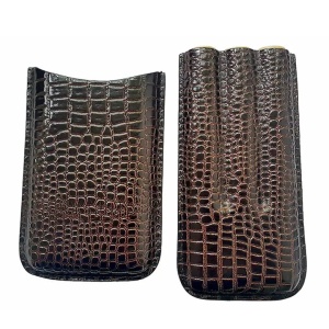 Etui trabucuri din piele naturală, design crocodil, capacitate 3 trabucuri, maro brun - Img 4