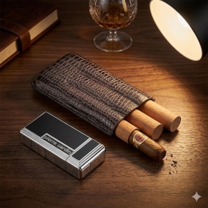 Set Cadou premium: Etui din Piele Naturală Design Crocodil și Brichetă Pierre Cardin turbo cu cutter trabuc